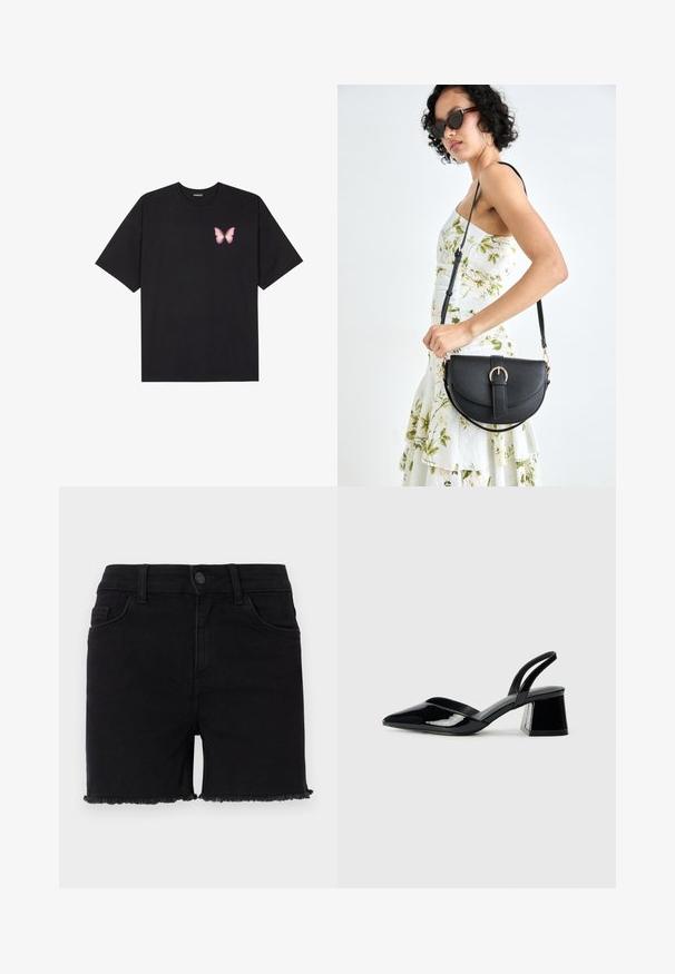 Tricou negru din bumbac cu mâneci scurte, având pe partea stângă a pieptului un mic grafic cu un fluture roz. Design cu guler rotund și croială lejeră.; Shorts negri din denim cu talie ajustată, marginile destrămate și un design clasic cu cinci buzunare. Materialul este neted, cu o ușoară elasticitate.; Pantofi cu toc slingback din piele lacuită neagră, cu vârf ascuțit și toc geometric. Prezintă un design elegant, minimalist și o textură netedă.; Geantă din piele neagră, cu o formă curbată, curea detașabilă și accesorii aurii. Geanta are un capac cu un detaliu tip cataramă.