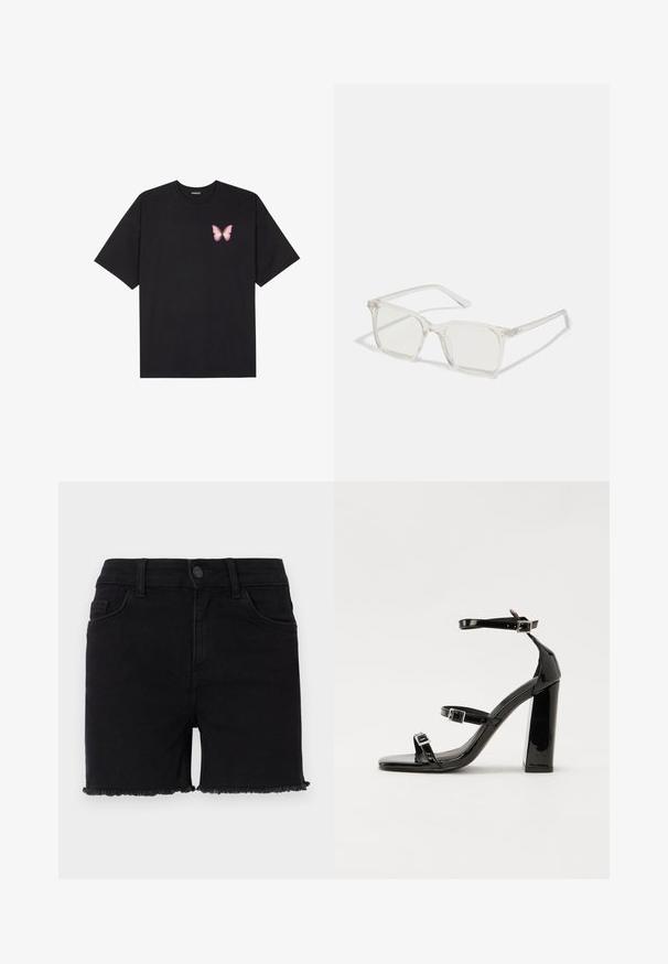 Crna pamučna majica s kratkim rukavima, s malim grafičkim prikazom ružičaste vjetricaste s desne strane na prsima. Dizajn s okruglim izrezom i opuštenim krojem.; Crne traper kratke hlače s uskim strukom, poderanim rubom i klasičnim dizajnom s pet džepova. Tkanina je glatka s blagim elastičnim svojstvom.; Crne lakirane sandale na pete sa kvadratnim nosom, trakama oko gležnja i srebrnim kopčama. Imaju čvrst blok petu za stabilnost.; Prozirne plastične naočale kvadratnog okvira s prozirnim lećama, koje sadrže zlatne akcentne detalje na drškama.
