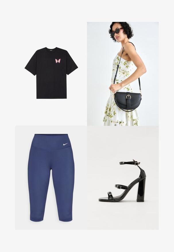 Svart bomullströja med korta ärmar, med en liten rosa fjärilsgrafik på vänster bröst. Rundad halsdesign med en avslappnad passform.; Marinblå capri leggings tillverkade av stretchtyg, med en bred midja och en liten vit logotyp på vänster sida. Inga synliga sömmar.; Svarta lackerade högklackade sandaler med två spännband, fyrkantig tå och en tjock klack, med en slät och glansig yta.; Svart läderhandväska med en böjd form, avtagbar rem och guldiga detaljer. Väskan har ett lock med en spänndetalj.