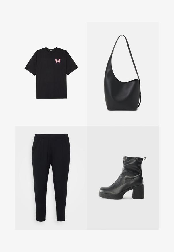 Čierne bavlnené tričko s krátkymi rukávmi, s malým ružovým motýlikom na ľavej hrudi. Design s okrúhlym výstrihom a uvoľneným strihom.; Čierne nohavice s voľným strihom, elastickým pásom a jemnými skladačkami. Vyrobené z mäkkej textílie, s priliehavými nohavicami a bez vreciek.; Čierne členkové topánky z hladkej kože, so bočným zipsom, robustnou textúrovanou pätnou časťou a zaobleným dizajnom špičky.; Čierna kožená hobo taška so hladkou textúrou, zakriveným tvarom a jedným nastaviteľným popruhom; má široké otvorenie na vrchu.