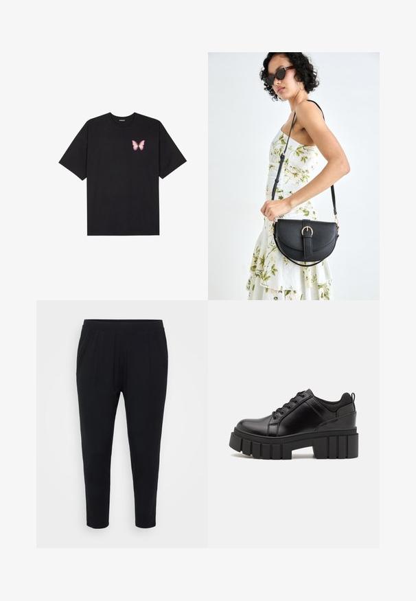 Črna bombažna majica s kratkimi rokavi, ki ima majhen roza metuljček na levi strani prsnega dela. Majica s krožnim ovratnikom in sproščenim krojem.; Črne hlače s sproščenim krojem, elastičnim pasom in diskretnimi pregibi. Narejene iz mehkega materiala, z ožjimi nogami in brez žepov.; Črne usnjene platforme z debelim blokastim petam, okroglo konico in klasičnim vezanjem. Imajo gladko teksturo in minimalne podrobnosti.; Črna usnjena torbica s ukrivljeno obliko, z odstranljivo naramnico in zlatimi dodatki. Torbica ima pokrov s podrobnostmi v obliki zaponke.