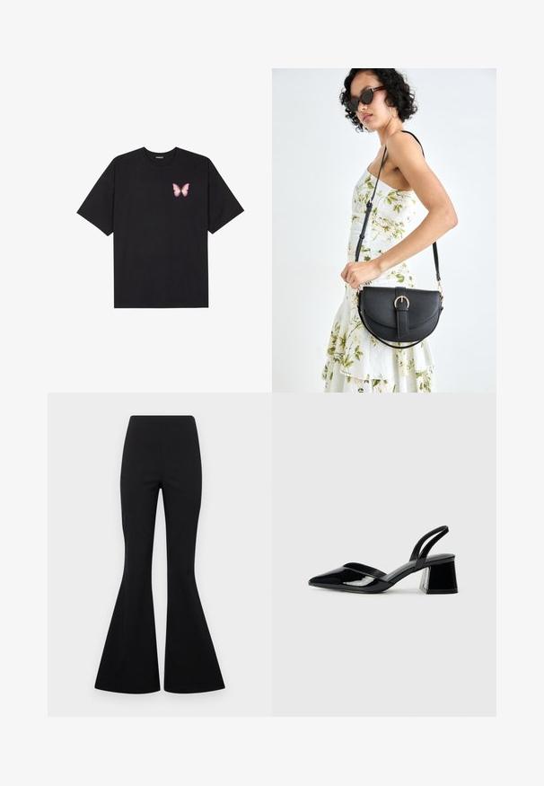 Black cotton t-shirt with short sleeves, featuring a small pink butterfly graphic on the left chest. Crew neck design with a relaxed fit.; Black flared trousers made of stretchy fabric with a smooth texture, featuring a high waist and wide, bell-bottom style legs.; Black patent leather slingback heels with a pointed toe and a geometric block heel. Features a sleek, minimal design and smooth texture.; Black leather handbag with a curved shape, detachable strap, and gold hardware. The bag features a flap with a buckle detail.