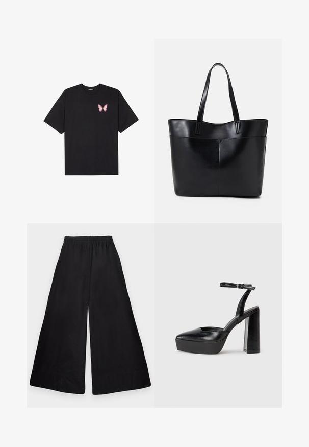 Svart bomulls T-skjorte med korte ermer, med en liten rosa sommerfugl grafikk på venstre bryst. Crew-neck design med en avslappet passform.; Svarte vide bukser laget av glatt, lett stoff, med elastisk midjebånd og et rent, minimalistisk design uten mønstre.; Sorte plattformhelter med spiss tå og justerbar ankelrem. Laget av glatt lær, med en robust blokkhel.; Svart lær toteveske med to lange håndtak, en glatt tekstur og en strukturert form. Har en frontlomme for ekstra oppbevaring.