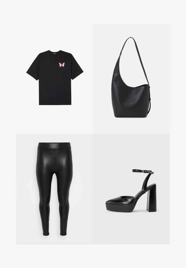 Crna pamučna majica s kratkim rukavima, s malim grafičkim prikazom ružičaste vjetricaste s desne strane na prsima. Dizajn s okruglim izrezom i opuštenim krojem.; Crne tajice napravljene od glatkog, sjajnog materijala. Visoki pojas, oblikujući dizajn i bez vidljivih šavova ili uzoraka.; Crne platforme s potpeticom s oštrim vrhom i podešivom naramenicom. Izrađene od glatke kože, s masivnom blok petom.; Crna kožna hobo torba s glatkom teksturom, zakrivljenim oblikom i jednom podesivom trakicom; ima širok otvor na vrhu.