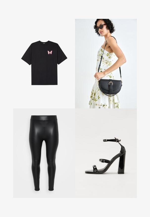 T-shirt de algodão preto com mangas curtas, apresentando um pequeno gráfico de borboleta rosa no lado esquerdo do peito. Design de gola redonda com um corte solto.; Leggings pretas feitos de um material liso e brilhante. Cintura alta, design justo e sem costuras ou padrões visíveis.; Sandálias de tacão preto laqueadas com bico quadrado, tiras para o tornozelo e fivelas prateadas. Apresentam um salto bloco chunky para estabilidade.; Bolsa de couro preta com forma curva, alça destacável e detalhes em dourado. A bolsa possui uma aba com detalhe de fivela.