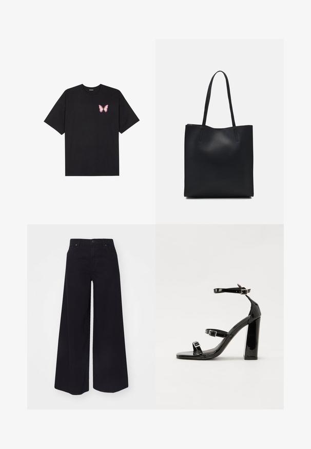 Black cotton t-shirt with short sleeves, featuring a small pink butterfly graphic on the left chest. Crew neck design with a relaxed fit.; Black wide-leg jeans made from denim, featuring a high waist, front pockets, and a button closure. Smooth texture with no patterns or accents.; Black patent high-heeled sandals with two buckle straps, square toe, and a chunky block heel, featuring a smooth, glossy texture.; Black leather tote bag with smooth texture, rectangular shape, and two long handles. No visible hardware or embellishments.
