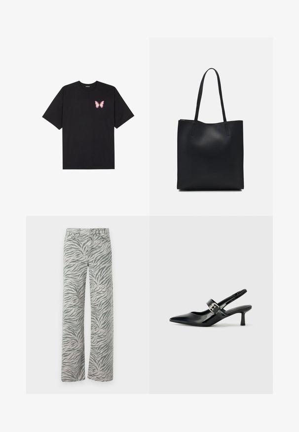 Juodas medvilnės marškinėliai trumpomis rankovėmis, su maža rožine drugelio grafika kairėje krūtinės pusėje. Apvalus kaklo iškirpimas, laisvas kirpimas.; Šviesiai pilkos džinsai su tigriniu dryžių raštu tamsiai pilkos spalvos. Jie turi tiesius sijonus ir tradicinį džinsų siuvimą.; Juodai lakuoti slingback aukštakulniai su smailiu kojų pirštu ir mažais blokiniais kulniukais, su sidabro sagtimi ant dirželio.; Juodas odinis tote krepšys su lygia tekstūra, stačiakampio formos ir dviem ilgais rankenomis. Matomų metalinių detalių ar puošybos nėra.