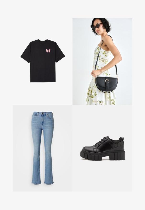 Fekete pamut póló rövid ujjakkal, bal mellkason egy kis rózsaszín pillangó grafikával. Kerek nyakú kialakítás, laza fazonnal.; Világoskék, széles szárú farmernadrág, öt zsebbel, gombos záródással és minimális varrással a letisztult megjelenés érdekében.; Fekete bőr platform cipők vaskos blokk sarkakkal, kerek orral és hagyományos fűzős kialakítással. Simára csiszolt felület és minimális részletezés jellemzi.; Fekete bőrtáska ívelt formával, levehető pánttal és arany színű fémrészekkel. A táskán egy csattal díszített fedél található.