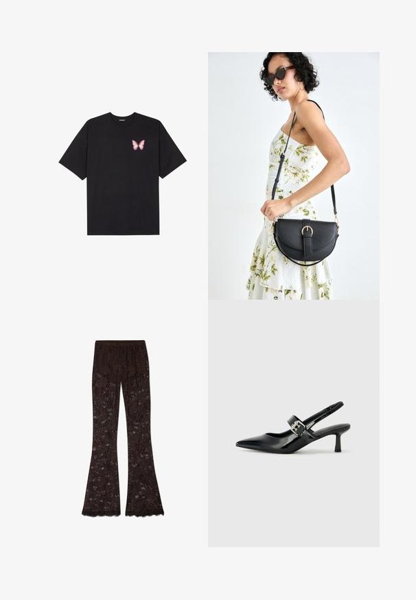 T-shirt en coton noir à manches courtes, avec un petit graphique de papillon rose sur la poitrine gauche. Modèle à col rond avec une coupe décontractée.; Pantalons évasés en dentelle marron avec un motif floral, présentant une finition texturée et un ourlet frangé en bas. Taille élastique.; Escarpins slingback en cuir verni noir avec un bout pointu et un petit talon bloc, mettant en avant un accent en boucle argentée sur la sangle.; Sac à main en cuir noir avec une forme courbée, bandoulière amovible et des accessoires en or. Le sac est doté d'un rabat avec un détail de boucle.