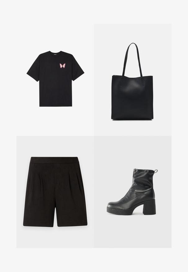 Čierne bavlnené tričko s krátkymi rukávmi, s malým ružovým motýlikom na ľavej hrudi. Design s okrúhlym výstrihom a uvoľneným strihom.; Čierne šortky vyrobené z jemného materiálu, s hladkou textúrou, elastickým pásom a plisovaným predným dizajnom. Jednoduché a bez ozdôb.; Čierne členkové topánky z hladkej kože, so bočným zipsom, robustnou textúrovanou pätnou časťou a zaobleným dizajnom špičky.; Čierna kožená taška na rameno s hladkým povrchom, obdĺžnikovým tvarom a dvoma dlhými uchami. Bez viditeľného kovania alebo ozdôb.