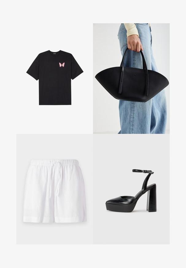 Čierne bavlnené tričko s krátkymi rukávmi, s malým ružovým motýlikom na ľavej hrudi. Design s okrúhlym výstrihom a uvoľneným strihom.; Biele ľanové šortky s elastickým pásom a nastaviteľnou šnúrkou. Majú uvoľnený strih a preložený lem pre pohodlie.; Čierne platformové podpätky so špicatou špičkou a nastaviteľným členkovým remienkom. Vyrobené z hladkej kože a so robustným blokovým podpätkom.; Čierna kožená kabelka s jedinečným tvarom ventilátora, so plochými držadlami. Povrch má štruktúru s brúseným efektom a minimalistic design.
