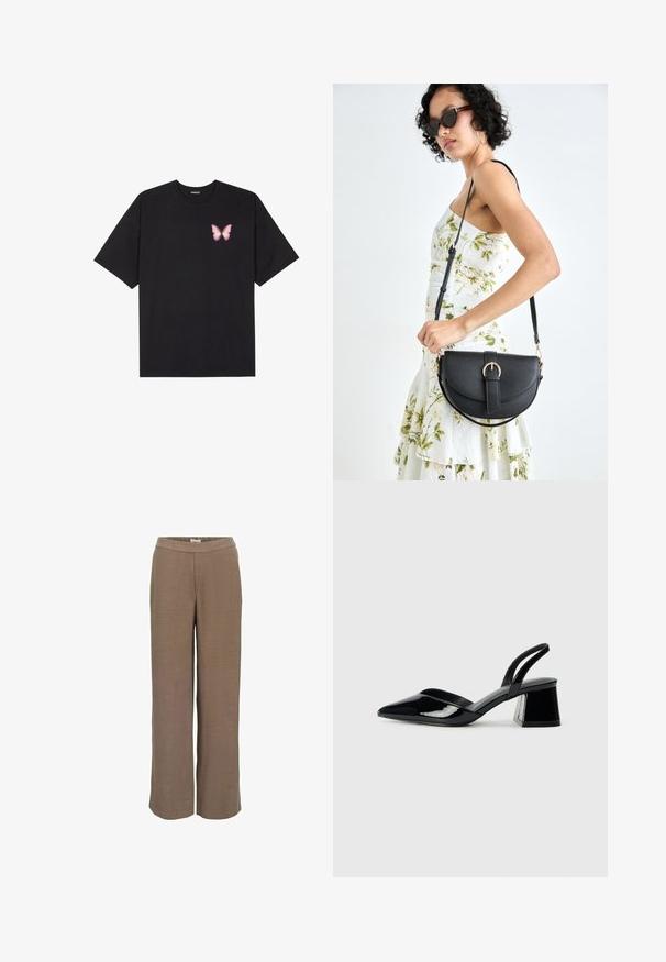 Black cotton t-shirt with short sleeves, featuring a small pink butterfly graphic on the left chest. Crew neck design with a relaxed fit.; Wide-leg trousers in a neutral brown hue, featuring a smooth texture and an elastic waistband for comfort and ease of wear.; Black patent leather slingback heels with a pointed toe and a geometric block heel. Features a sleek, minimal design and smooth texture.; Black leather handbag with a curved shape, detachable strap, and gold hardware. The bag features a flap with a buckle detail.