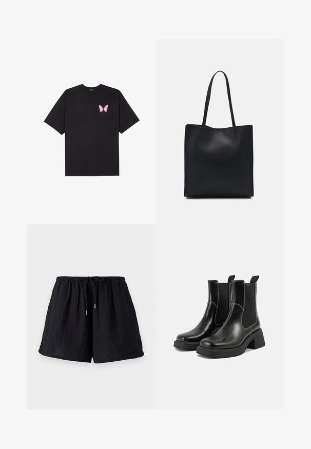 Fekete pamut póló rövid ujjakkal, bal mellkason egy kis rózsaszín pillangó grafikával. Kerek nyakú kialakítás, laza fazonnal.; Fekete pamut sort strukturált, gyűrődött felülettel. Rugalmas derekú és állítható zsinórral rendelkezik a kényelem és a megfelelő illeszkedés érdekében.; Fekete bőr Chelsea csizmák masszív sarkakkal, rugalmas oldalsó panelekkel és kontrasztos fehér varrással. Texturált felület.; Fekete bőrtáska sima felszínnel, téglalap alakú, két hosszú füllel. Nincs látható fémkiegészítő vagy díszítés.