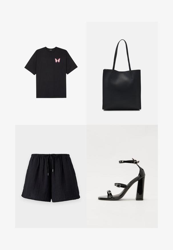 Schwarzes Baumwoll-T-Shirt mit kurzen Ärmeln, das ein kleines pinkes Schmetterlingsmotiv auf der linken Brust zeigt. Crewneck-Design mit einem entspannten Schnitt.; Schwarze Baumwollshorts mit einer strukturierten, gekräuselten Oberfläche. Verfügt über einen elastischen Bund und eine verstellbare Kordel für Komfort und guten Sitz.; Schwarze Lackleder-Sandalen mit hohen Absätzen, zwei Riemen mit Schnallen, quadratischer Zehenpartie und klobigem Blockabsatz, mit einer glatten, glänzenden Textur.; Schwarze Laptoptasche aus Leder mit glatter Textur, rechteckiger Form und zwei langen Griffen. Keine sichtbaren Beschläge oder Verzierungen.