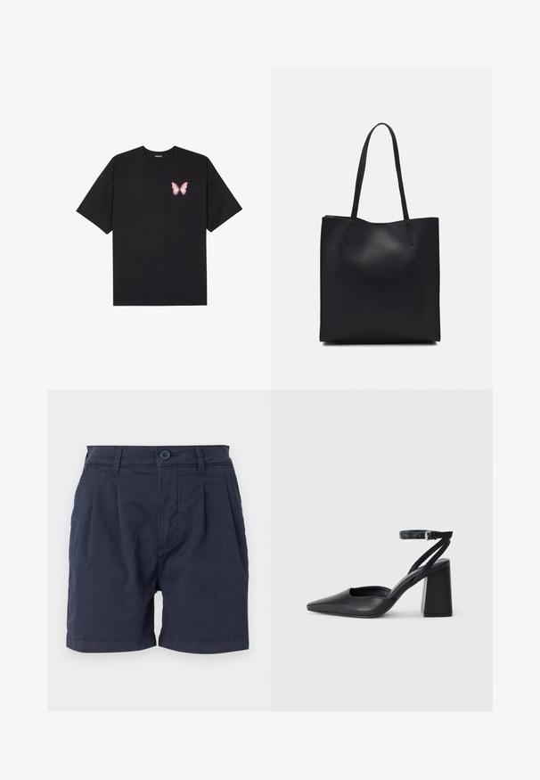Tricou negru din bumbac cu mâneci scurte, având pe partea stângă a pieptului un mic grafic cu un fluture roz. Design cu guler rotund și croială lejeră.; Șorturi bleu marin din țesătură, cu închidere frontală cu nasturi, design pliat și buzunare laterale. Margine curată la deschiderile picioarelor.; Pantofii cu toc ascuțit din piele neagră, cu breteaua pentru glezne și toc gros. Textură netedă, design elegant și estetică minimală.; Geantă tote neagră din piele, cu textură netedă, formă rectangulară și două mânere lungi. Fără hardware vizibil sau ornamente.