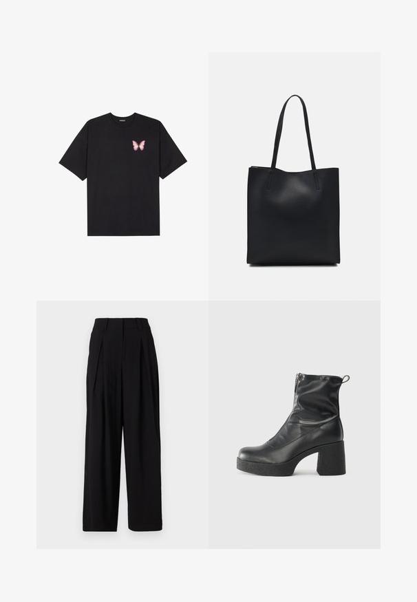 Black cotton t-shirt with short sleeves, featuring a small pink butterfly graphic on the left chest. Crew neck design with a relaxed fit.; Black wide-leg trousers made of smooth fabric, featuring a high waistband, pleats at the front, and a flowing silhouette.; Black ankle boots made of smooth leather, featuring a side zipper, chunky textured heel, and rounded toe design.; Black leather tote bag with smooth texture, rectangular shape, and two long handles. No visible hardware or embellishments.
