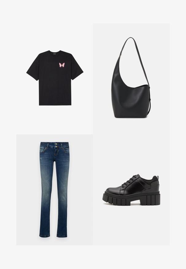 T-shirt de algodão preto com mangas curtas, apresentando um pequeno gráfico de borboleta rosa no lado esquerdo do peito. Design de gola redonda com um corte solto.; Jeans de denim azul com um corte slim, apresentando um fecho de dois botões, lavagem desbotada e leves detalhes de desgaste nos bolsos frontais.; Sapatos de plataforma em couro preto com um salto bloco robusto, bico redondo e design clássico de atacadores. Apresentam uma textura suave e detalhes mínimos.; Saco hobo preto em pele com uma textura lisa, forma curva e uma única alça ajustável; apresenta uma abertura larga na parte de cima.