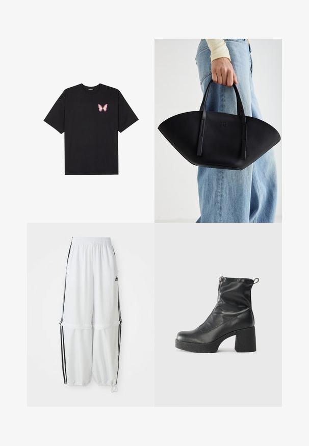 T-shirt de algodão preto com mangas curtas, apresentando um pequeno gráfico de borboleta rosa no lado esquerdo do peito. Design de gola redonda com um corte solto.; Calças desportivas brancas com um corte descontraído, cintura elástica e riscas pretas nas laterais. Apresenta bolsos com fecho éclair e punhos elásticos nos tornozelos.; Botas de tornozelo pretas feitas de couro liso, com fecho lateral, salto grosso texturizado e design de bico arredondado.; Bolsa de mão em couro preto com uma forma única em leque, apresentando alças planas. A superfície tem uma textura pebble e um design minimalista.