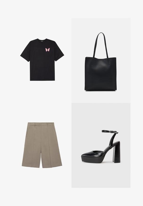 Camiseta de algodón negra de manga corta, con un pequeño gráfico de mariposa rosa en el lado izquierdo del pecho. Diseño de cuello redondo con un corte relajado.; Pantalones cortos beige con plisados y corte recto, que cuentan con trabillas y bolsillos laterales. Hechos de una tela suave y ligera.; Zapatos de tacón negro con punta afilada y correa ajustable en el tobillo. Confeccionados en cuero suave, presentan un tacón grueso.; Bolso tote de cuero negro con textura lisa, forma rectangular y dos asas largas. Sin herrajes ni adornos visibles.
