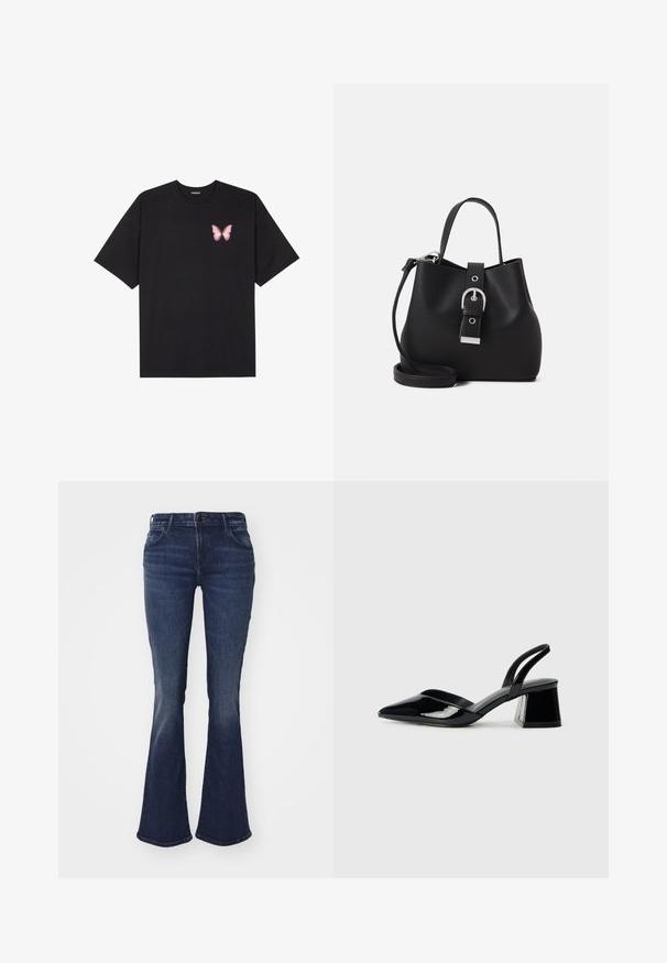 Black cotton t-shirt with short sleeves, featuring a small pink butterfly graphic on the left chest. Crew neck design with a relaxed fit.; Dark blue flared jeans made from denim, featuring a fitted waist, five-pocket design, and slight fading for texture at the thighs and knees.; Black patent leather slingback heels with a pointed toe and a geometric block heel. Features a sleek, minimal design and smooth texture.; Black bucket handbag made of smooth leather, featuring a structured shape, short handle, and detachable shoulder strap. Silver buckle detail.