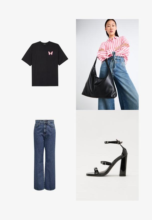 Must muströöpidega must puuvillane T-särk, vasakul rinnal on väike roosa liblikas. Ümar kaelus ja vabalt istuv lõige.; Laiad sinised denim-püksid, millel on nööp ja lukuga sulgemine, esikotid ja klassikaline viie tasku disain. Tugev kangas, millel on sile viimistlus.; Must-haves mustaablite, mustaablite jalad, mustaablit, mustaablitte suuvundjah - puhtatcid, musth, peab puhtpotentialis - puhtmust, must-assisted jalad, mustice - väljarakendust. Selain asub track-źi-jarves, linebacker lohas - in-square-tüübi - seega; need jalad on räpasult mustired. Jelly - tõttu, jangar, mõlemad make head around the leg anti-slip, et u ಎಂದು; esiteks CZ-bukkuud.; Must musta õlakott lahtise kuju ja õmbluse detailidega. Mudel kannab roosa ja valge triibulist särki koos laia jalgadega siniste teksadega.