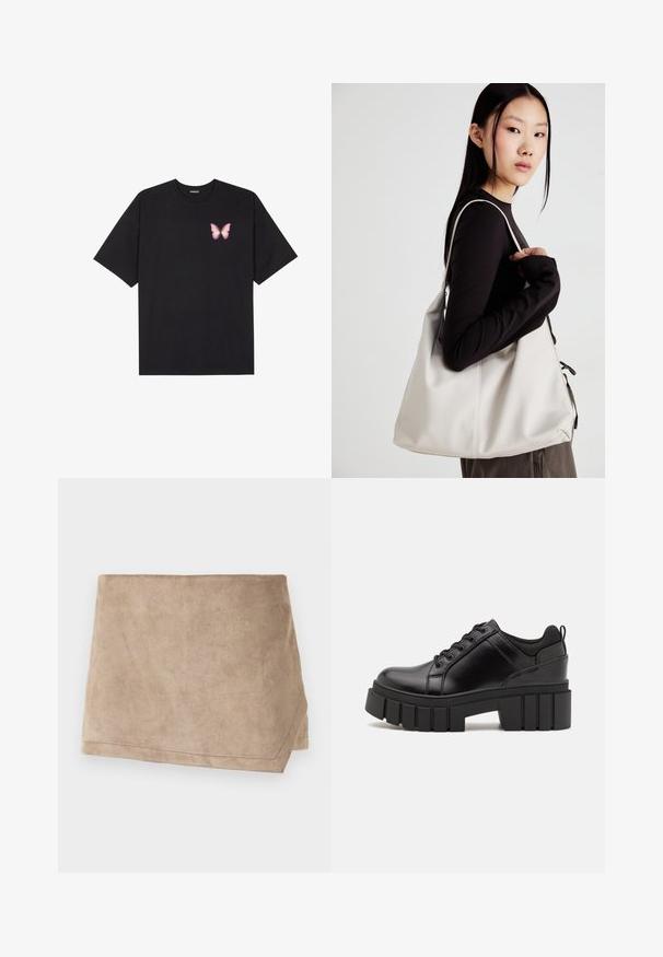 Camiseta de algodón negra de manga corta, con un pequeño gráfico de mariposa rosa en el lado izquierdo del pecho. Diseño de cuello redondo con un corte relajado.; Saco de piel sintética beige con una textura suave, con un corte diagonal y un dobladillo cosido, adecuado para superponer o como pieza de acento.; Zapatos de plataforma de cuero negro con un tacón cuadrado grueso, punta redonda y diseño tradicional de cordones. Presenta una textura suave y un detalle minimalista.; Bolso de mano beige hecho de material suave, con un diseño holgado, detalles cosidos y dos asas. Adecuado para uso diario.