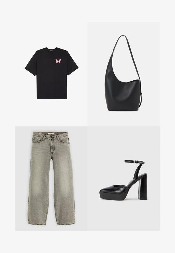 Melna kokvilnas T-krekls ar īsām piedurknēm, kuram priekšā kreisajā pusē ir neliels rozā tauriņa grafiskais attēls. Ar apaļu kaklu un brīvā stila piegriezumu.; Gaišpelēku, platām kājām džinsi no denima. Iespējas ietver tradicionālo piecu kabatu stilu un vieglu izbalēšanu visā audumā.; Melnas platformas papēžs ar norādītu purngala formu un regulējamu potītes siksniņu. Izgatavotas no gludas ādas, ar masīvu bloku papēdi.; Melnas ādas hobo soma ar gludu tekstūru, izliekta forma un vienu regulējamu jostu; augšā ir plaša atvere.