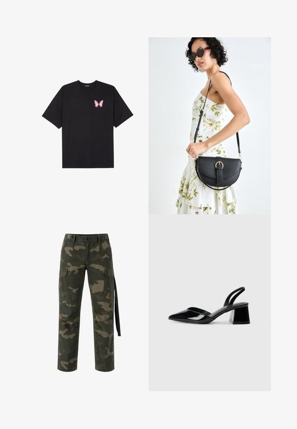 Černé bavlněné tričko s krátkým rukávem, na levém prsou s malou grafikou růžové motýlky. Design s kruhovým výstřihem a volným střihem.; Kamo cargo kalhoty v odstínech zelené s světlými béžovými vzory, s bočními kapsami, knoflíkovým zapínáním a černým tkaným detailem.; Černé lakované kožené lodičky na pásku s špičatou špičkou a geometrickým blokovým podpatkem. Vyznačují se elegantním, minimalistickým designem a hladkým povrchem.; Černá kožená kabelka s křivkovým tvarem, odnímatelným popruhem a zlatými detaily. Kabelka má klopu s přezkou.