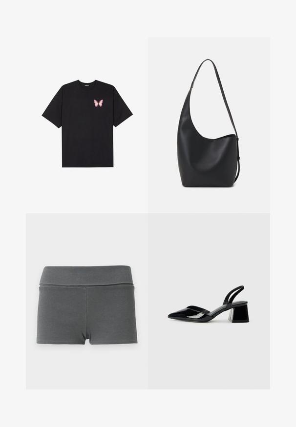 T-shirt nera in cotone con maniche corte, caratterizzata da una piccola grafica di una farfalla rosa sul lato sinistro del petto. Design a girocollo con una vestibilità rilassata.; Shorts in tessuto a coste grigio scuro con vita alta. Presentano un design aderente, una texture liscia e nessun hardware o decorazione visibile.; Décolleté in vernice nera con punta affusolata e tacco in geometria cubica. Presentano un design elegante e minimalista, con una texture liscia.; Borsa hobo nera in pelle con una superficie liscia, forma curvata e una singola tracolla regolabile; presenta un'ampia apertura nella parte superiore.