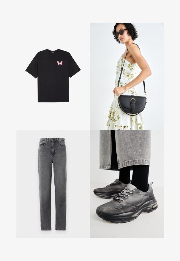 Svart bomulls T-skjorte med korte ermer, med en liten rosa sommerfugl grafikk på venstre bryst. Crew-neck design med en avslappet passform.; Høyt liv, rette grå denimjeans med knapp og glidelås foran, samt lommer foran og bak.; Sorte og grå treningssko har en mesh-overdel, tykke såler og snøring. De har en rund tå og synlige dempe detaljer.; Svart lærveske med en buet form, avtagbar stropp og gullbeslag. Vesken har et klaff med spenne-detall.
