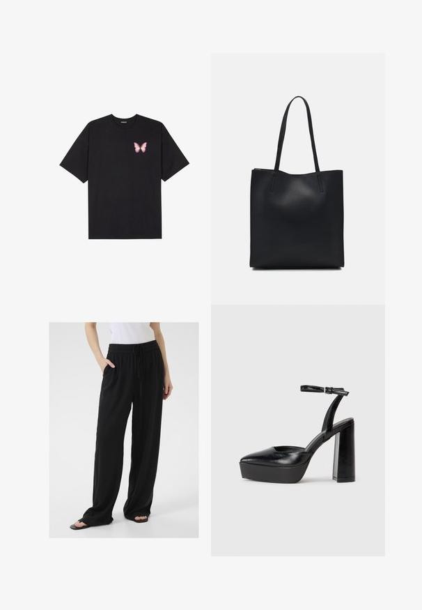 Melna kokvilnas T-krekls ar īsām piedurknēm, kuram priekšā kreisajā pusē ir neliels rozā tauriņa grafiskais attēls. Ar apaļu kaklu un brīvā stila piegriezumu.; Melnas, brīvi pieguļošas bikses, izgatavotas no mīkstas auduma ar elastīgu jostu, regulējamu saites izskatu un sānu kabatām. Paplašinātu kāju dizains.; Melnas platformas papēžs ar norādītu purngala formu un regulējamu potītes siksniņu. Izgatavotas no gludas ādas, ar masīvu bloku papēdi.; Melnas ādas somiņa ar gludu tekstūru, taisnstūra formu un divām garām rokturiem. Nav redzamu aparatūras vai rotājumu.