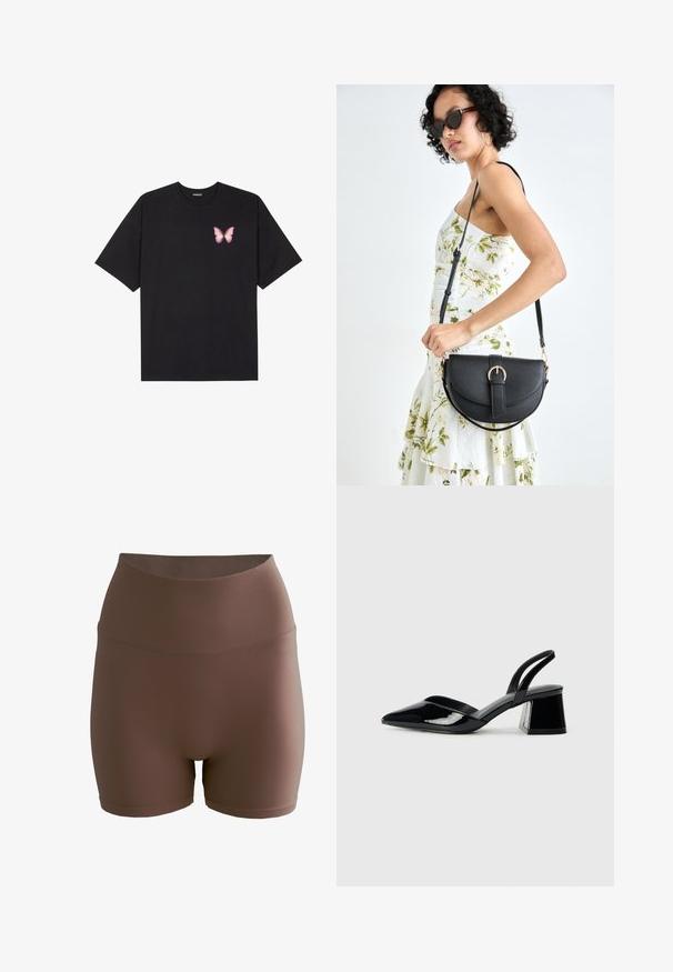 Black cotton t-shirt with short sleeves, featuring a small pink butterfly graphic on the left chest. Crew neck design with a relaxed fit.; aim’n® SHAPE SEAMLESS  - Shorts - brown; Black patent leather slingback heels with a pointed toe and a geometric block heel. Features a sleek, minimal design and smooth texture.; Black leather handbag with a curved shape, detachable strap, and gold hardware. The bag features a flap with a buckle detail.