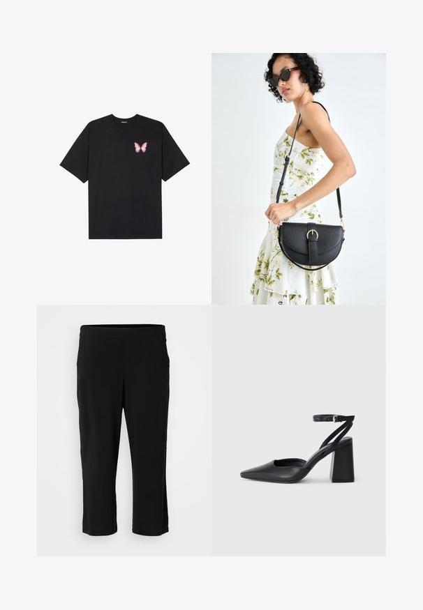 Zwarte katoenen t-shirt met korte mouwen, voorzien van een kleine roze vlinder graphic op de linkerkant van de borst. Crew neck ontwerp met een relaxte fit.; Zwarte cropped broek gemaakt van zachte, rekbare stof; voorzien van een elastische tailleband en zonder zichtbare zakken. Gladde textuur zonder patronen.; Zwarte leren puntige pump met een enkelbandje en een chunky hak. Vlakke textuur, strakke vormgeving en minimalistische esthetiek.; Zwarte leren handtas met een gebogen vorm, afneembare schouderband en gouden hardware. De tas heeft een klep met een gespsluiting.; Zilveren ronde oorbellen met een strak ontwerp, voorzien van een glad oppervlak en zonder zichtbare versieringen. Diameter niet opgegeven.