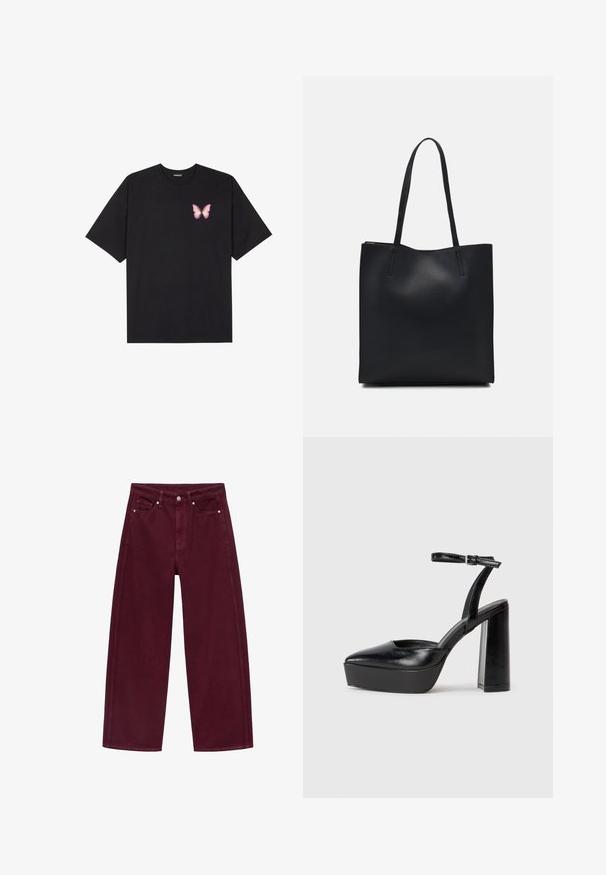 Čierne bavlnené tričko s krátkymi rukávmi, s malým ružovým motýlikom na ľavej hrudi. Design s okrúhlym výstrihom a uvoľneným strihom.; Burgundské široké nohavice vyrobené z denimového bavlneného materiálu, s dizajnom štyroch vreciek a kovovým zapínaním s ladiacim prešívaním.; Čierne platformové podpätky so špicatou špičkou a nastaviteľným členkovým remienkom. Vyrobené z hladkej kože a so robustným blokovým podpätkom.; Čierna kožená taška na rameno s hladkým povrchom, obdĺžnikovým tvarom a dvoma dlhými uchami. Bez viditeľného kovania alebo ozdôb.