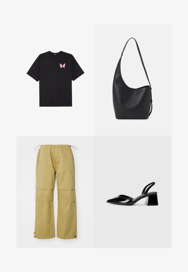 Black cotton t-shirt with short sleeves, featuring a small pink butterfly graphic on the left chest. Crew neck design with a relaxed fit.; Cargo pants in khaki, featuring wide legs, an elastic waistband, front pockets, and adjustable drawstring cuffs. Made of lightweight fabric.; Black patent leather slingback heels with a pointed toe and a geometric block heel. Features a sleek, minimal design and smooth texture.; Black leather hobo bag with a smooth texture, curved shape, and single adjustable strap; features a wide opening at the top.