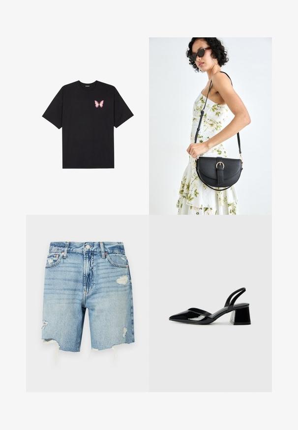 Tricou negru din bumbac cu mâneci scurte, având pe partea stângă a pieptului un mic grafic cu un fluture roz. Design cu guler rotund și croială lejeră.; Șorturi din denim de culoare albastru deschis, cu talie înaltă. Au detalii uzate, cu o margine desfăcută și mai multe buzunare. Design clasic cu cinci buzunare.; Pantofi cu toc slingback din piele lacuită neagră, cu vârf ascuțit și toc geometric. Prezintă un design elegant, minimalist și o textură netedă.; Geantă din piele neagră, cu o formă curbată, curea detașabilă și accesorii aurii. Geanta are un capac cu un detaliu tip cataramă.