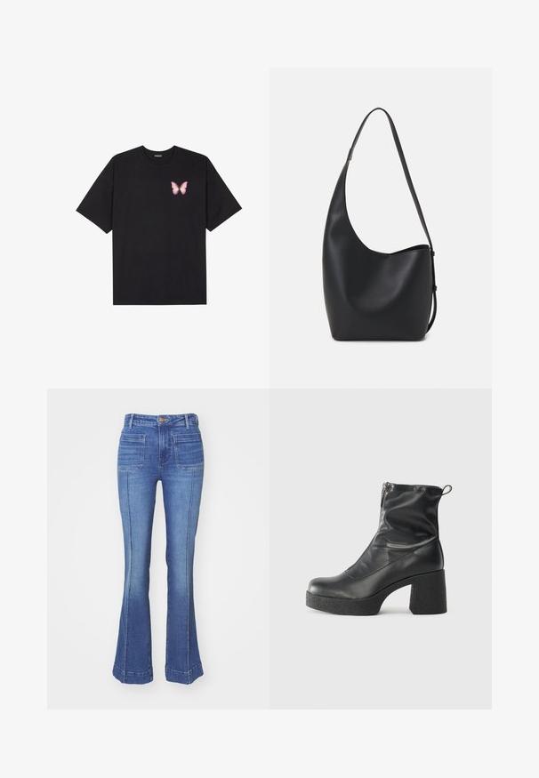 T-shirt de algodão preto com mangas curtas, apresentando um pequeno gráfico de borboleta rosa no lado esquerdo do peito. Design de gola redonda com um corte solto.; Calças de ganga estilo flare em lavagem azul média, com cintura alta, cinco bolsos e costuras visíveis ao longo da bainha ampla.; Botas de tornozelo pretas feitas de couro liso, com fecho lateral, salto grosso texturizado e design de bico arredondado.; Saco hobo preto em pele com uma textura lisa, forma curva e uma única alça ajustável; apresenta uma abertura larga na parte de cima.