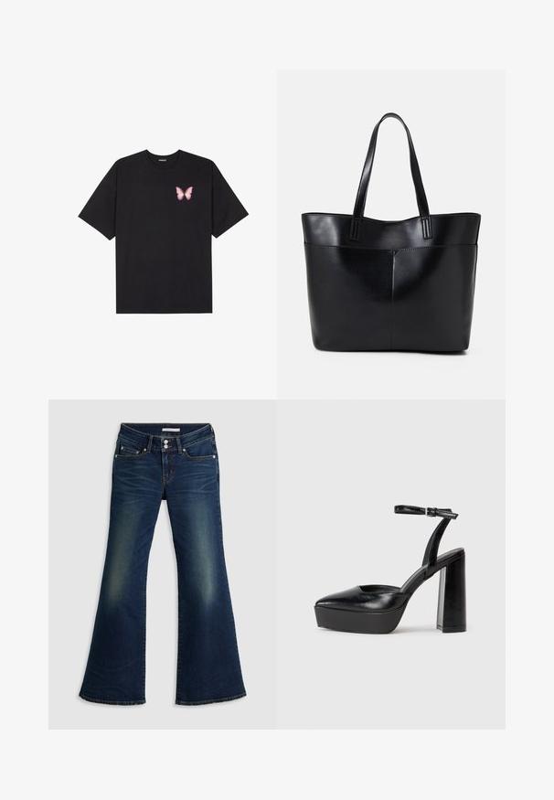 Svart bomulls T-skjorte med korte ermer, med en liten rosa sommerfugl grafikk på venstre bryst. Crew-neck design med en avslappet passform.; Mørkeblå denim superlav flare jeans med front- og baklommer, dobbel knappelukking, og utvaskede detaljer på lår og knær.; Sorte plattformhelter med spiss tå og justerbar ankelrem. Laget av glatt lær, med en robust blokkhel.; Svart lær toteveske med to lange håndtak, en glatt tekstur og en strukturert form. Har en frontlomme for ekstra oppbevaring.