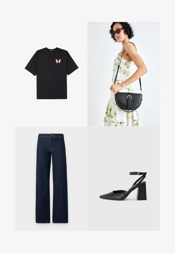 T-shirt de algodão preto com mangas curtas, apresentando um pequeno gráfico de borboleta rosa no lado esquerdo do peito. Design de gola redonda com um corte solto.; Jeans de perna larga em lavagem escura, com um design clássico de cinco bolsos, feitos de denim, apresentando costura dourada e um fecho de botão na cintura.; Sandal com biqueira afilada em couro preto, com cinta no tornozelo e salto grosso. Textura lisa, design elegante e estética minimalista.; Bolsa de couro preta com forma curva, alça destacável e detalhes em dourado. A bolsa possui uma aba com detalhe de fivela.