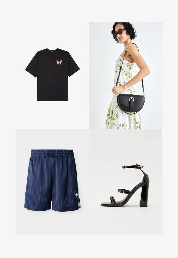 Černé bavlněné tričko s krátkým rukávem, na levém prsou s malou grafikou růžové motýlky. Design s kruhovým výstřihem a volným střihem.; Námorně modré šortky s bílými vertikálními pruhy, elastickým pasem, bočními kapsami a malým bílým logem na levé straně. Hladká textura látky.; Černé lakované sandály na vysokém podpatku se dvěma pásky se sponami, čtvercovou špičkou a robustním blokovým podpatkem, s hladkou, lesklou texturou.; Černá kožená kabelka s křivkovým tvarem, odnímatelným popruhem a zlatými detaily. Kabelka má klopu s přezkou.