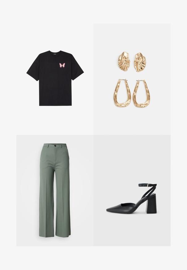 Zwarte katoenen t-shirt met korte mouwen, voorzien van een kleine roze vlinder graphic op de linkerkant van de borst. Crew neck ontwerp met een relaxte fit.; Wijd uitgerokken broek in een gedempte groene stof, met een knoopsluiting aan de voorkant en een soepele textuur. Geen zichtbare patronen of accenten.; Zwarte leren puntige pump met een enkelbandje en een chunky hak. Vlakke textuur, strakke vormgeving en minimalistische esthetiek.; Gouden oorbellen met een getextureerd, golvend ontwerp. Bevat sculpturale clip-on studs en een open ringontwerp met een gehamerd oppervlak.