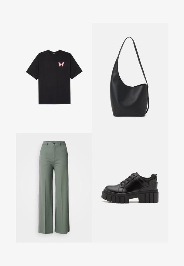 Melna kokvilnas T-krekls ar īsām piedurknēm, kuram priekšā kreisajā pusē ir neliels rozā tauriņa grafiskais attēls. Ar apaļu kaklu un brīvā stila piegriezumu.; Platas kājas bikses mutēti zaļā audumā, ar priekšējo pogu aizdari un gludu tekstūru. Nav redzamu rakstu vai akcentu.; Melnas ādas platformas kurpes ar masīvu bloku papēdi, apaļu purngalu un tradicionālu saistīšanas dizainu. Izceļas ar gludu tekstūru un minimālu apdari.; Melnas ādas hobo soma ar gludu tekstūru, izliekta forma un vienu regulējamu jostu; augšā ir plaša atvere.