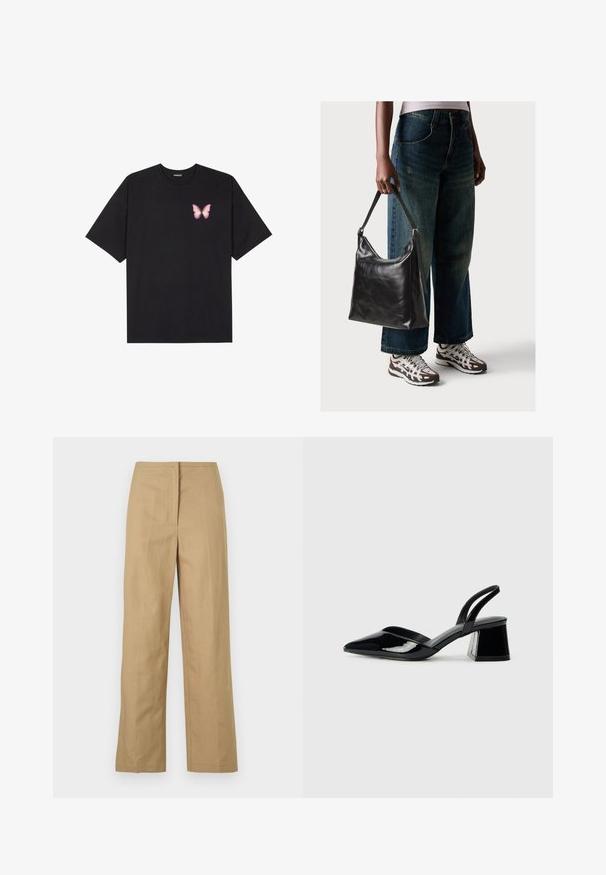 Juodas medvilnės marškinėliai trumpomis rankovėmis, su maža rožine drugelio grafika kairėje krūtinės pusėje. Apvalus kaklo iškirpimas, laisvas kirpimas.; Bežinės tiesiosios kojos kelnės su plokščiu priekiniu dalimi, šoninėmis kišenėmis ir glotnia, lengva medžiaga. Nėra matomų raštų ar detalizuotų aparatūros elementų.; Juodos lakuotos odinės šlepetės su smailiu pirštu ir geometriniu bloko kulnu. Turi elegantišką, minimalistinį dizainą ir lygų paviršių.; Juodas odinis peties krepšys su lygiu paviršiumi ir reguliuojama dirželiu, derinamas su nublukusiais plačiapurčiais džinsais ir sportiniais batais.