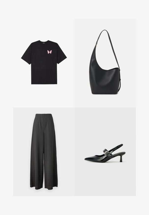 Črna bombažna majica s kratkimi rokavi, ki ima majhen roza metuljček na levi strani prsnega dela. Majica s krožnim ovratnikom in sproščenim krojem.; Črne široke hlače iz gladkega blaga, z visokim pasom in nabranim dizajnom, ki dodaja teksturo in dimenzijo.; Črne patent usnjene slingback pete s koničastim nosom in majhnim blok peto, ki vključujejo srebrno zaponko na traku.; Črna usnjena hobo torba z gladko teksturo, ukrivljeno obliko in eno nastavljivo naramnico; ima širok odprtina na vrhu.