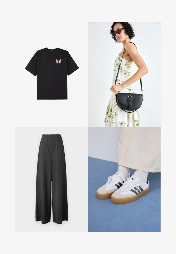 T-shirt de algodão preto com mangas curtas, apresentando um pequeno gráfico de borboleta rosa no lado esquerdo do peito. Design de gola redonda com um corte solto.; Calças largas pretas feitas de um tecido suave, com uma cintura alta e um design plissado para adicionar textura e dimensão.; Ténis brancos com riscas pretas e detalhes em camurça bege. Apresentam uma sola de borracha texturizada e atacadores brancos lisos, usados com meias de tom claro.; Bolsa de couro preta com forma curva, alça destacável e detalhes em dourado. A bolsa possui uma aba com detalhe de fivela.
