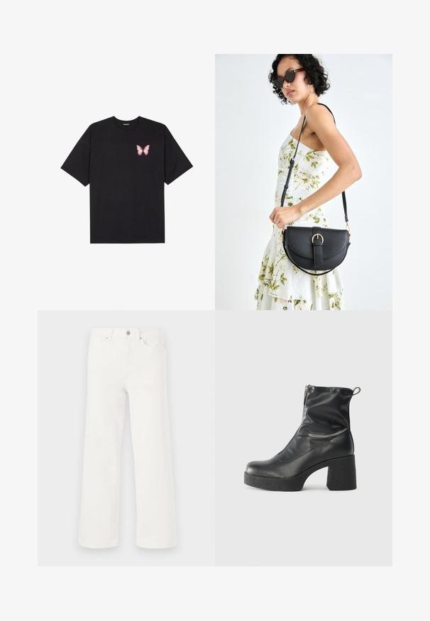 Melna kokvilnas T-krekls ar īsām piedurknēm, kuram priekšā kreisajā pusē ir neliels rozā tauriņa grafiskais attēls. Ar apaļu kaklu un brīvā stila piegriezumu.; Baltas denims ar platu kāju dizainu ar pogu aizdari, kuras satur piecas kabatas un minimālu šuvju apdari. Gluda tekstūra, taisna silueta.; Melni potītes zābaki, kas izgatavoti no gludas ādas, ar sānu rāvējslēdzēju, masīvu strukturētu papēdi un noapaļotu purngalu.; Melnas ādas rokassoma ar izliekta formu, noņemamu siksnu un zelta aksesuāriem. Somai ir vāciņš ar sprādzes detaļu.