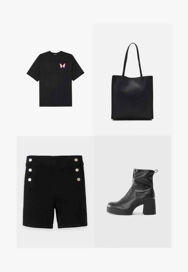 Čierne bavlnené tričko s krátkymi rukávmi, s malým ružovým motýlikom na ľavej hrudi. Design s okrúhlym výstrihom a uvoľneným strihom.; Čierne riflové šortky s vysokým pásom, s zlatými gombíkmi na boku, dizajn piatich vreciek a rovný strih na leme.; Čierne členkové topánky z hladkej kože, so bočným zipsom, robustnou textúrovanou pätnou časťou a zaobleným dizajnom špičky.; Čierna kožená taška na rameno s hladkým povrchom, obdĺžnikovým tvarom a dvoma dlhými uchami. Bez viditeľného kovania alebo ozdôb.
