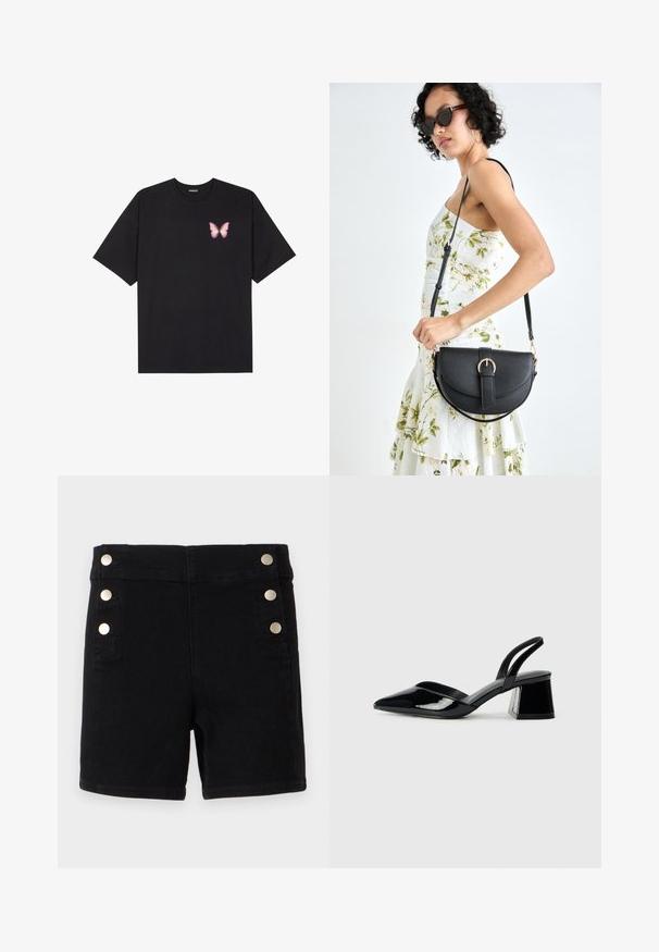 Black cotton t-shirt with short sleeves, featuring a small pink butterfly graphic on the left chest. Crew neck design with a relaxed fit.; Black denim shorts with a high waist, featuring gold-tone buttons on the side, five-pocket design, and a straight cut at the hem.; Black patent leather slingback heels with a pointed toe and a geometric block heel. Features a sleek, minimal design and smooth texture.; Black leather handbag with a curved shape, detachable strap, and gold hardware. The bag features a flap with a buckle detail.