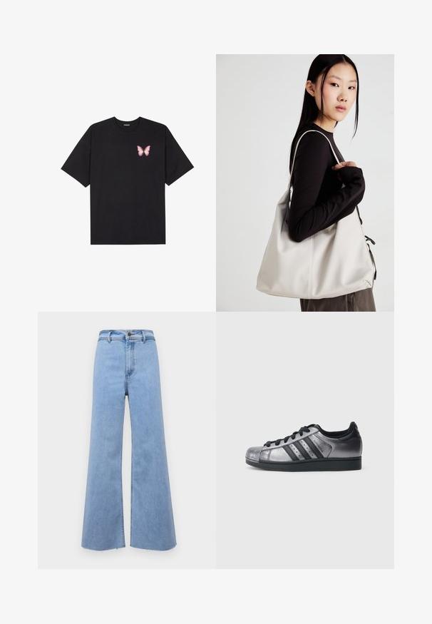 Black cotton t-shirt with short sleeves, featuring a small pink butterfly graphic on the left chest. Crew neck design with a relaxed fit.; Light blue wide-leg jeans with a high waist, frayed hem, and front button closure. Made from denim, featuring a smooth texture and clean lines.; Black and metallic silver sneakers with a rounded toe, three black stripes, and a textured upper. Black laces and rubber sole.; Beige handbag made of soft material, featuring a slouchy design, stitched detailing, and two shoulder straps. Suitable for everyday use.