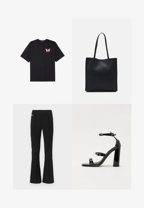 Juodas medvilnės marškinėliai trumpomis rankovėmis, su maža rožine drugelio grafika kairėje krūtinės pusėje. Apvalus kaklo iškirpimas, laisvas kirpimas.; Juodos aukštu užkeltu liemeniu pločio kelnes su priekine siūle ir mažą prekės ženklo etikete viršutiniame kairiajame kampe.; Juoda blizgi lakuota basutė su kvadratiniu pirštu, kulkšnies dirželiais ir sidabro sagtimis. Yra tvirta blokinė kulno konstrukcija, užtikrinanti stabilumą.; Juodas odinis tote krepšys su lygia tekstūra, stačiakampio formos ir dviem ilgais rankenomis. Matomų metalinių detalių ar puošybos nėra.